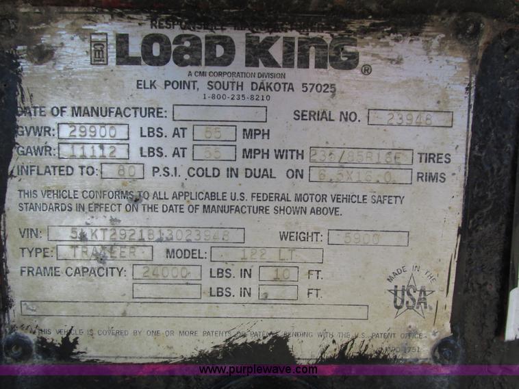 image for item H1230 2001 Load King 122LT 24'L equipment trailer