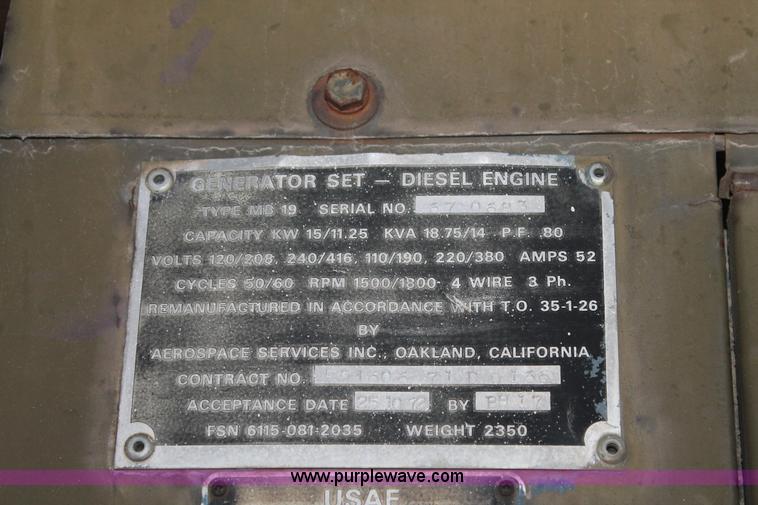 image for item BJ9388 1972 generator set