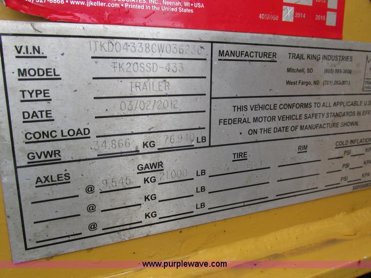 image for item H4508 2012 Trail King TK20SSD-433 side dump trailer