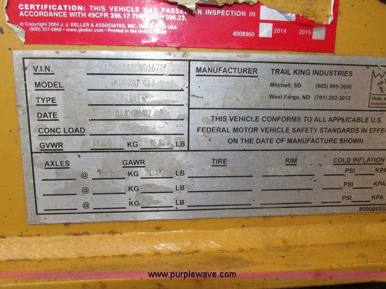 image for item H4511 2012 Trail King TK60SSD-433 side dump trailer