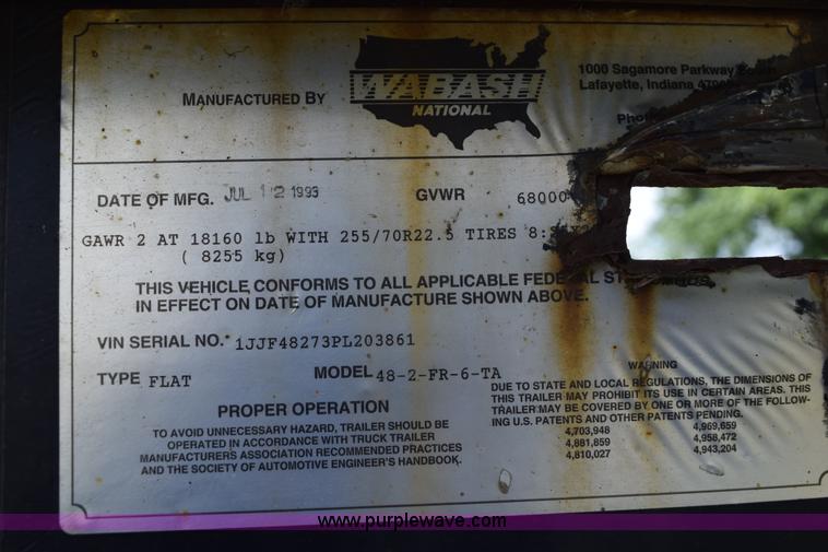 image for item K6642 1993 Wabash flatbed roller deck trailer