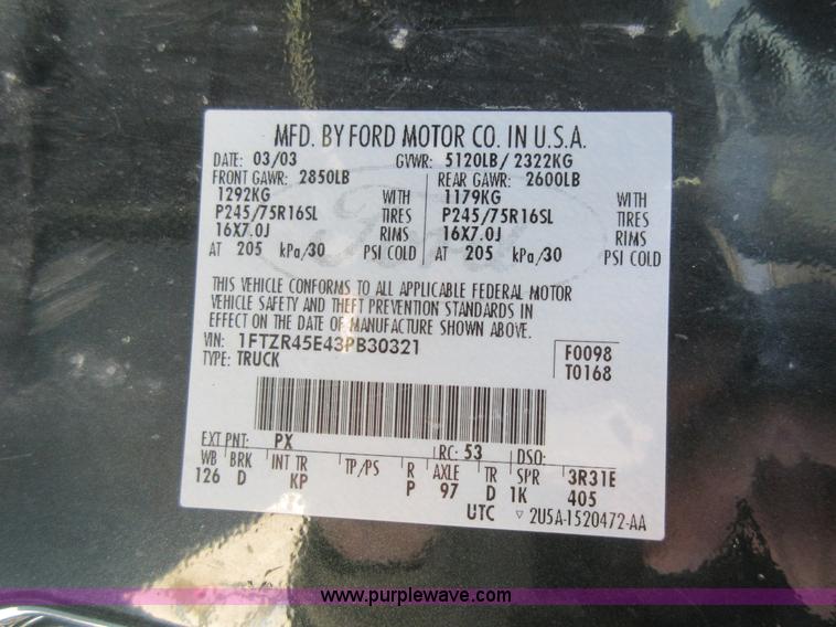 image for item I6442 2003 Ford Ranger SuperCab pickup truck