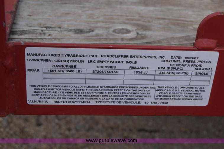 image for item J7245 2007 Road Clipper utility trailer