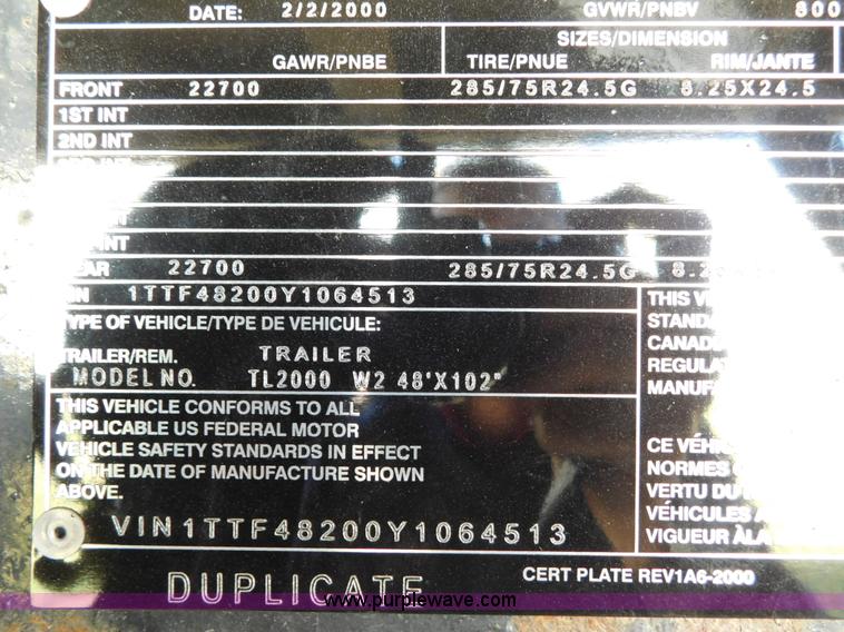 image for item K8235 2000 Transcraft flatbed trailer