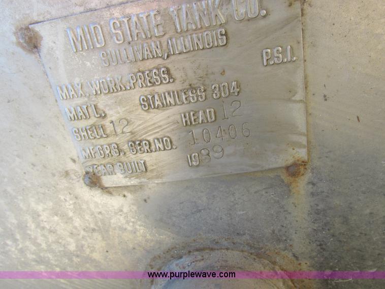 image for item K2237 1989 Mid-State Tank Mfg. stainless steel tank