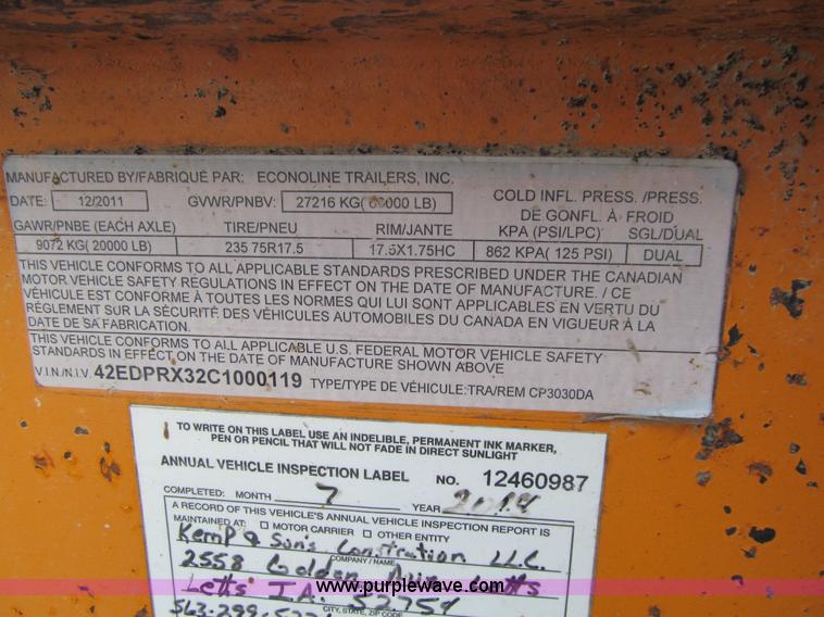 image for item L1813 2012 Econoline CP3030DA equipment trailer