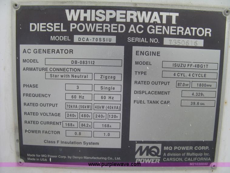 image for item L6377 Multiquip DCA-70SS1U Whisperwatt 70 generator