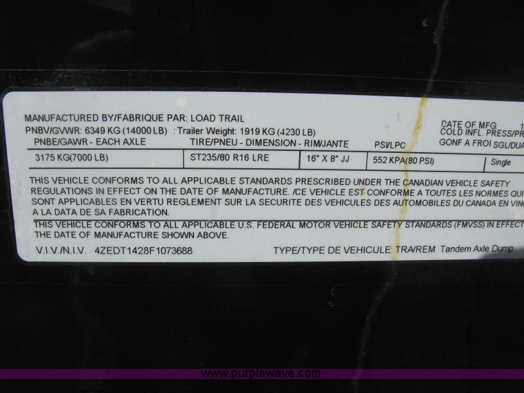 image for item L6442 2015 Load Trail end dump trailer