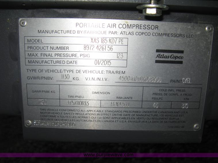 image for item L6449 2015 Atlas Copco XAS-185KD7 air compressor