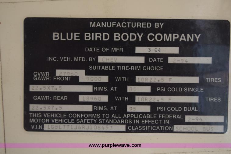 image for item J7026 1995 Chevrolet Blue Bird school bus