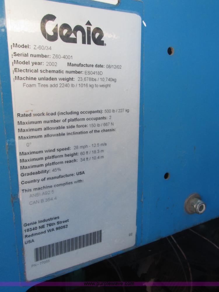 image for item H1037 2002 Genie Z60/34 boom lift