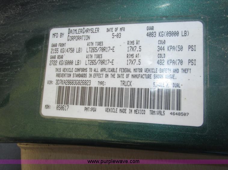 image for item H1063 2003 Dodge Ram 2500 SLT Quad Cab pickup truck