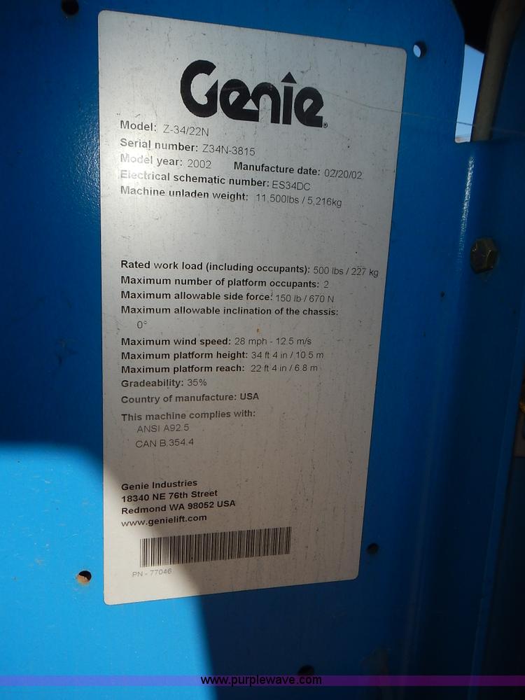 image for item J6301 2002 Genie Z34/22 boom lift