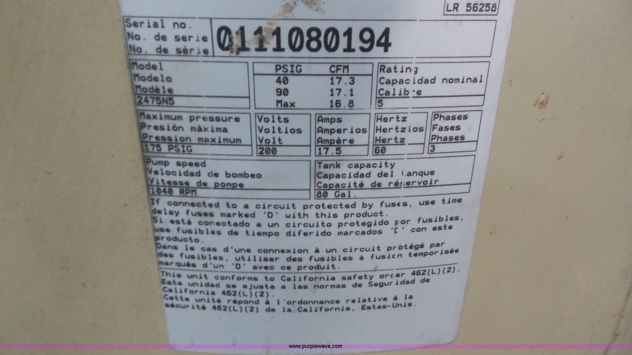 Ingersoll Rand air compressor in Lawrence, KS | Item BF9126 sold