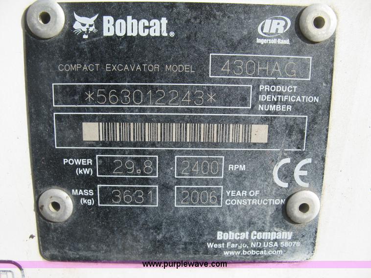 image for item J2902 2006 Bobcat 430HAG ZHS Fast Track compact excavator