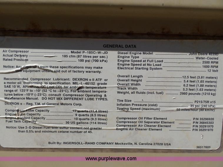 image for item J8286 1993 Ingersoll Rand 185 air compressor