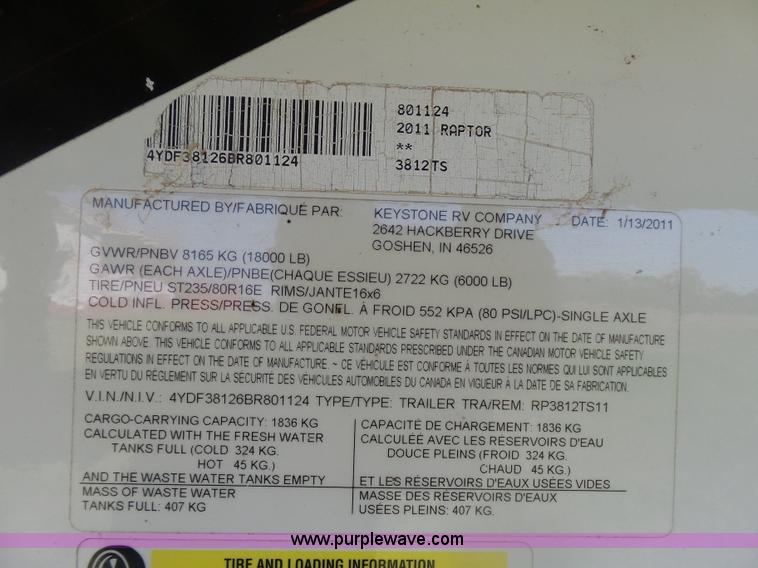 image for item L5791 2011 Raptor Velocity travel trailer RV