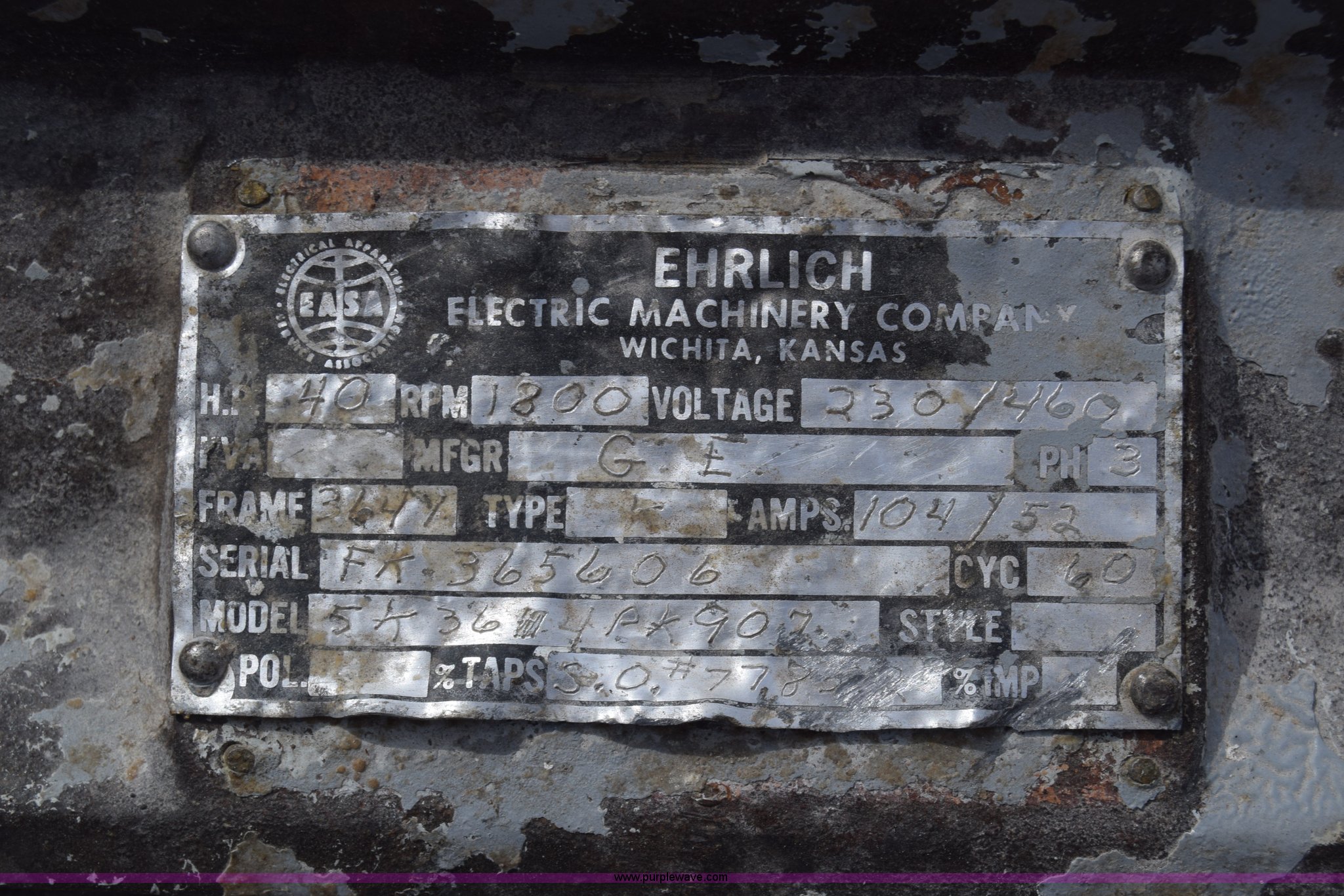 Ehrlich electric motor in Wichita, KS Item BX9923 sold Purple Wave