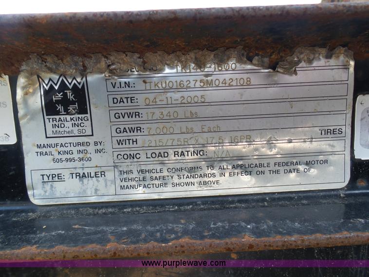 image for item L3174 2005 Trail King TK140-1600 equipment trailer