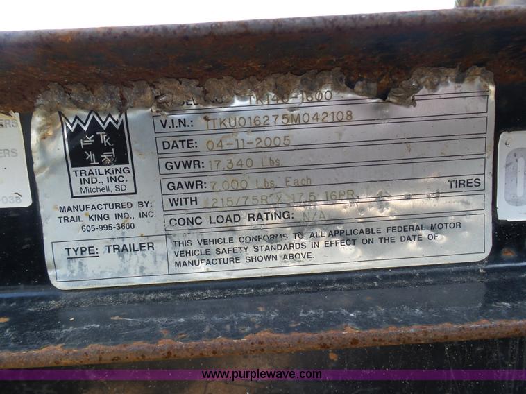 image for item L3174 2005 Trail King TK140-1600 equipment trailer