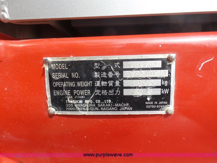 image for item L3199 2012 Takeuchi TB1140 compact excavator