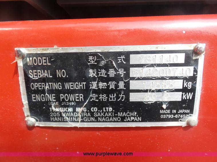 image for item L3199 2012 Takeuchi TB1140 compact excavator