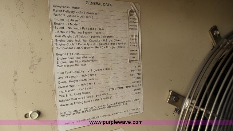 image for item K4634 1999 Ingersoll Rand P250 WJD air compressor