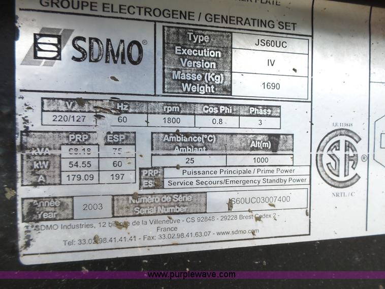 image for item L5653 2003 Sdmo JS60UC generator