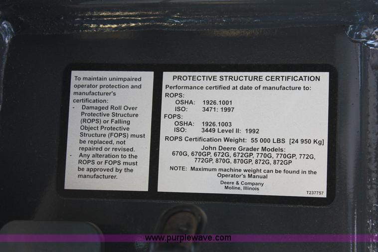 image for item K8959 2010 John Deere 672G motor grader