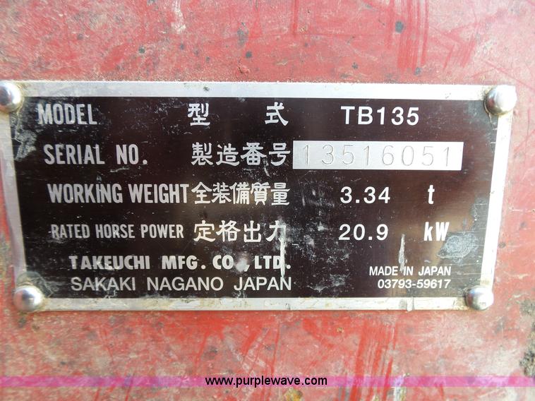 image for item L2015 2005 Takeuchi TB135 compact excavator