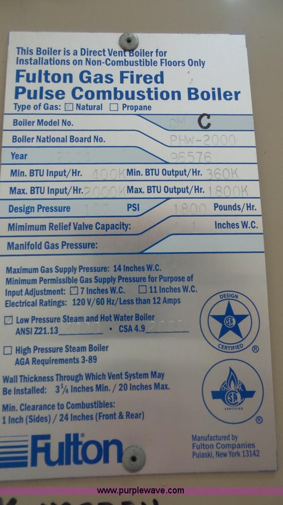 image for item BV9567 2004 Fulton PHW-2000 pulse combustion hydronic heating boiler