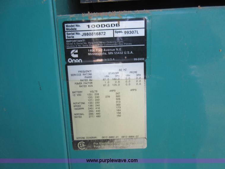image for item L7071 Onan 100DGDB generator