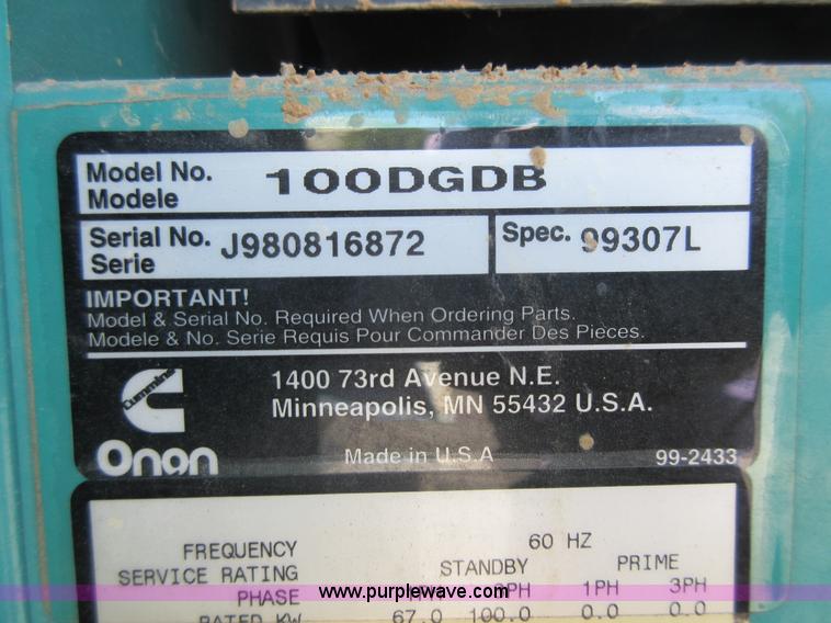 image for item L7071 Onan 100DGDB generator