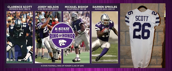 image for item F1484 K-State Ring of Honor 2015 Inductees Autographed Football and Framed Clarence Scott Jersey