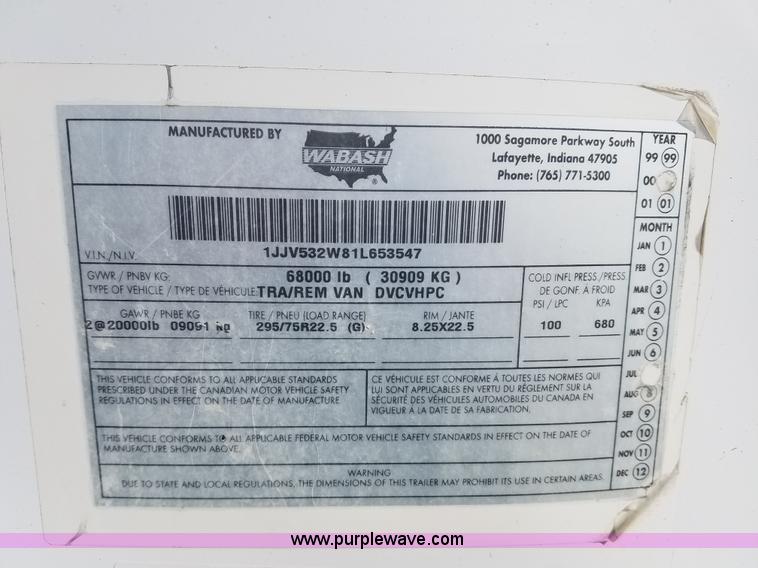 image for item BS9853 2001 Wabash dry van trailer