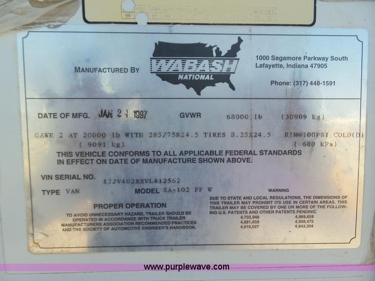 image for item J6034 1997 Wabash SA-102-FFW dry van trailer