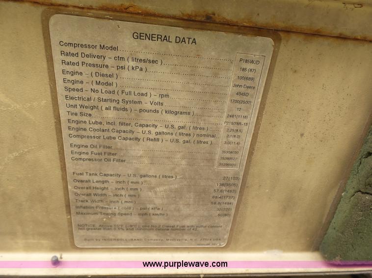 image for item K7067 1999 Ingersoll Rand P185WJD air compressor