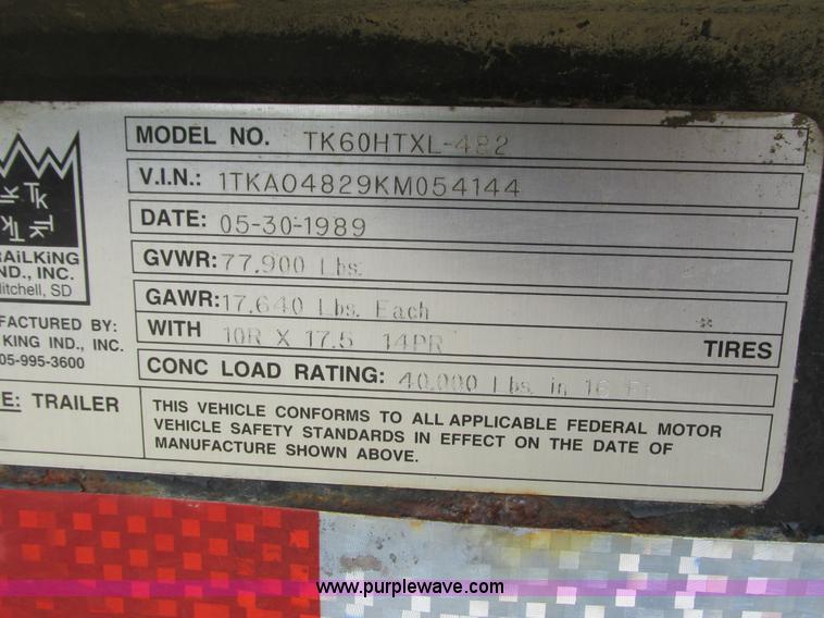 image for item K4062 1989 Trail King TK60HTXL492 drop deck hydra-tail equipment trailer
