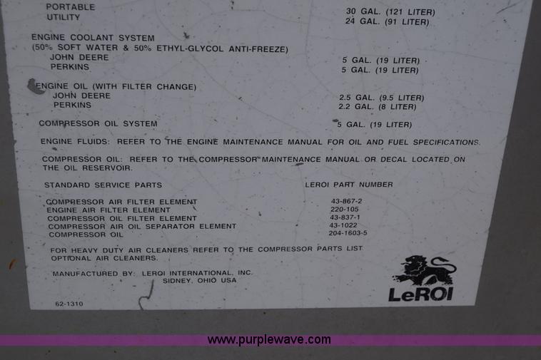 image for item K2926 1995 Leroi Q185DJF air compressor