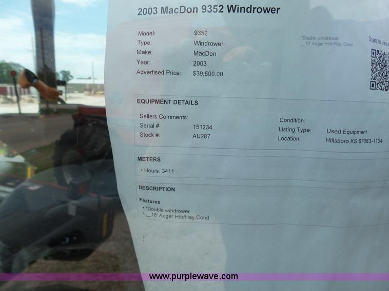 image for item K3113 2003 MacDon 9352 self-propelled windrower