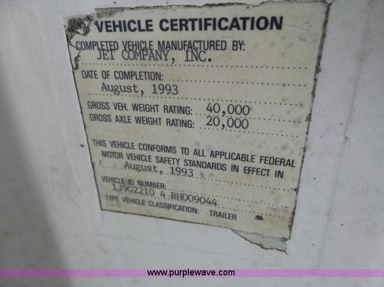 image for item K5728 1994 Jetco single hopper bottom grain trailer