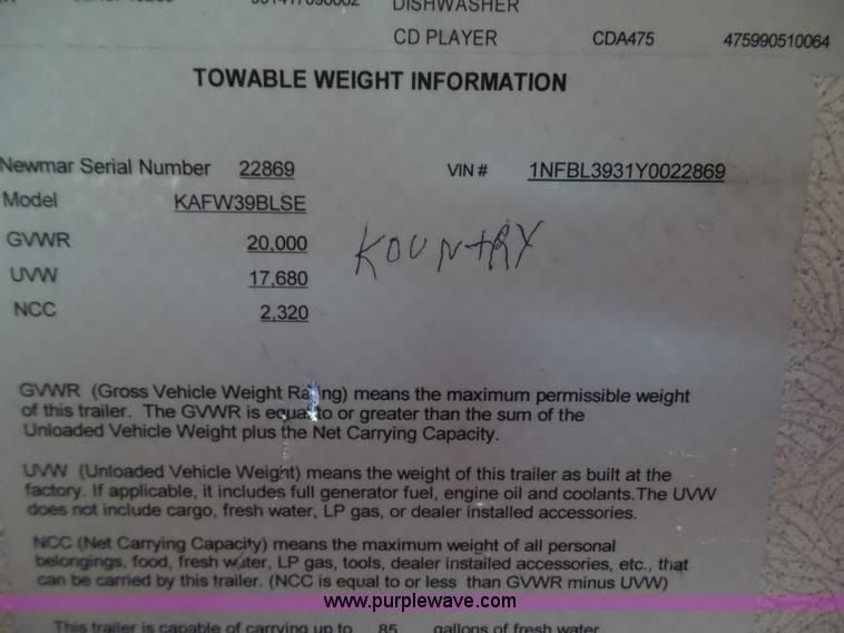 image for item BZ9796 2000 Kountry Aire KAFW39BLSE travel trailer