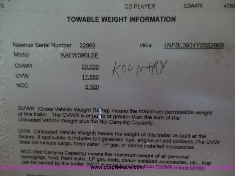 image for item BZ9796 2000 Kountry Aire KAFW39BLSE travel trailer