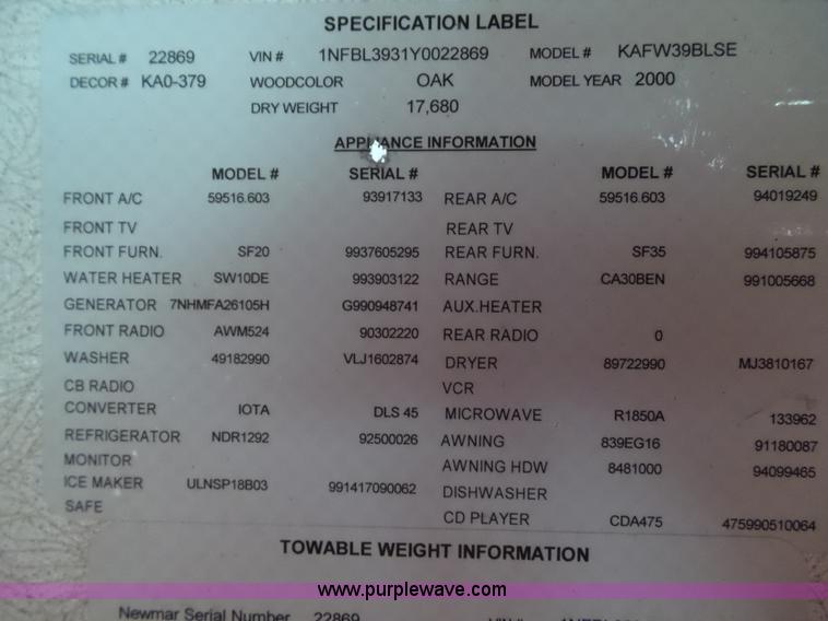 image for item BZ9796 2000 Kountry Aire KAFW39BLSE travel trailer
