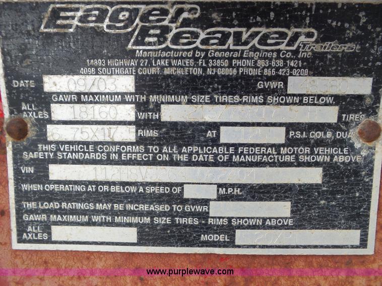 image for item L6891 2004 Eager Beaver 20XPT equipment trailer