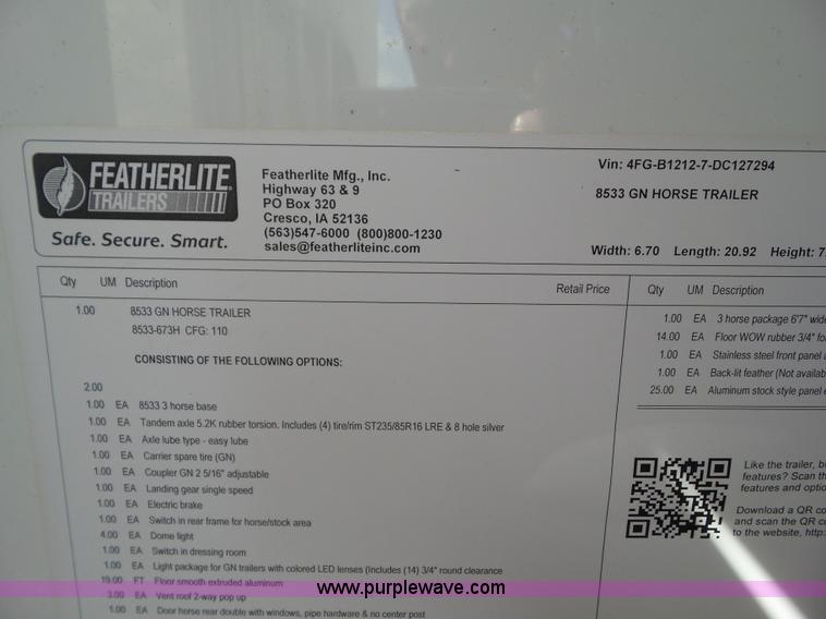 image for item BZ9818 2013 Featherlite 8533 horse trailer
