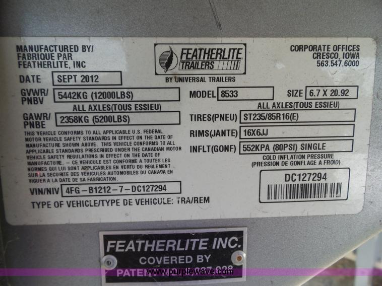 image for item BZ9818 2013 Featherlite 8533 horse trailer