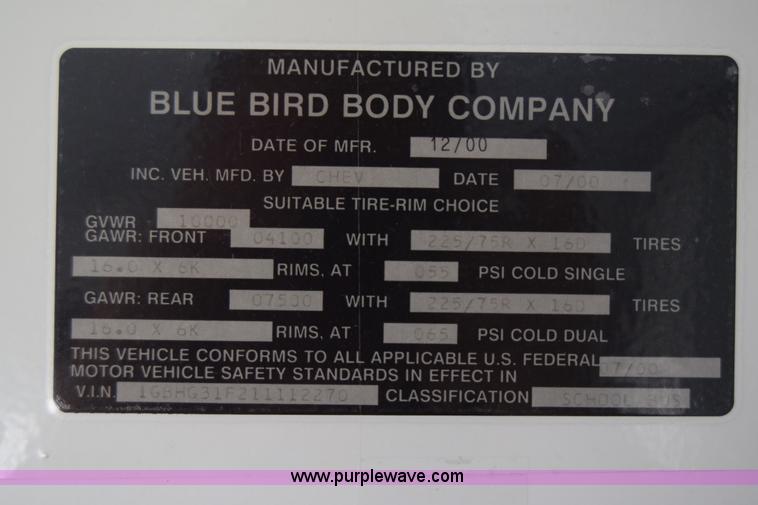image for item L2541 2001 Chevrolet Express 3500 Cargo Blue Bird school bus