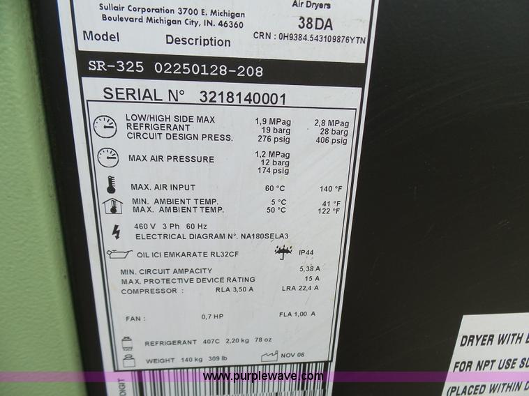 image for item N9464 Sullair SR325 refrigerated air dryer