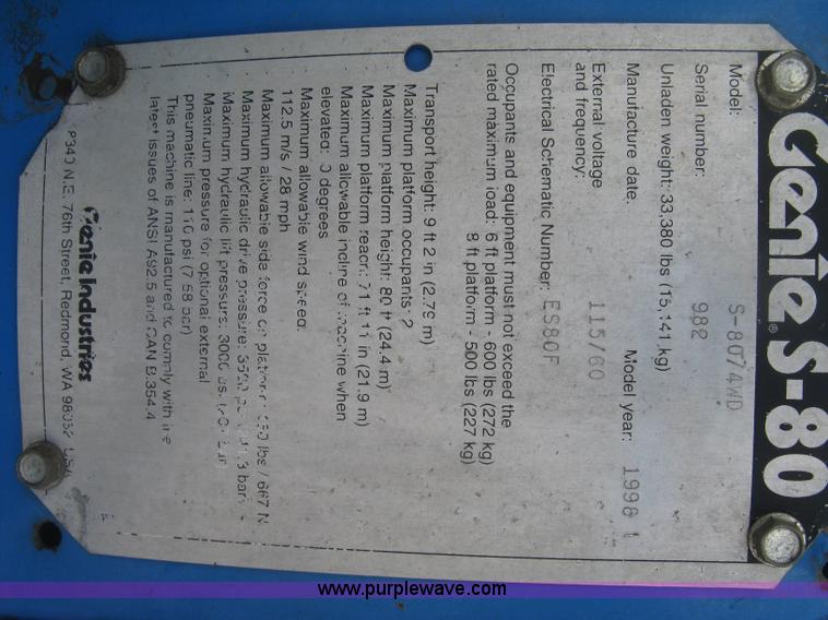 image for item L3842 1998 Genie S-80 boom lift